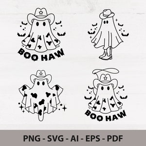 Boo Haw SVG PNG EPS, Cowboy Ghost Svg, Halloween Svg, Funny Halloween Shirt Svg, Outline Style Svg, Cowboy Hat Svg, Halloween Cowgirl Svg
