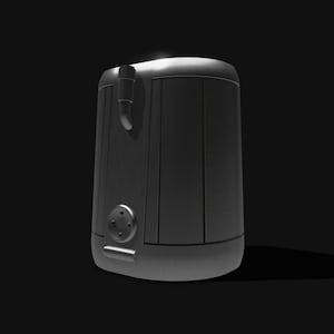 May include: A cylindrical, brushed metal appliance with a curved top and a small spout. The front features a circular button panel and a rectangular handle. The design is minimalist and industrial, with a dark background.