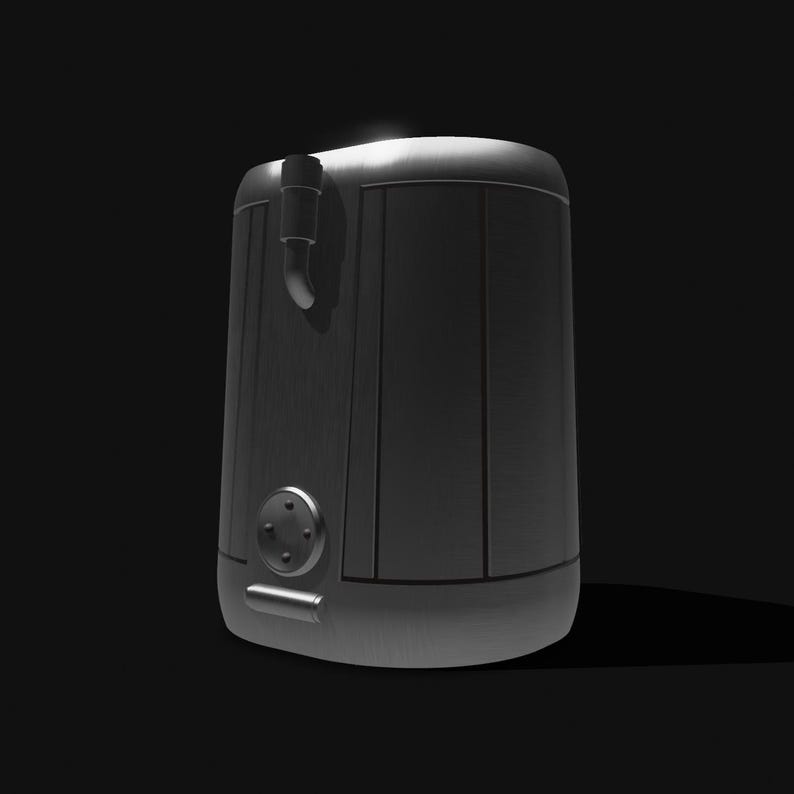 May include: A cylindrical, brushed metal appliance with a curved top and a small spout. The front features a circular button panel and a rectangular handle. The design is minimalist and industrial, with a dark background.