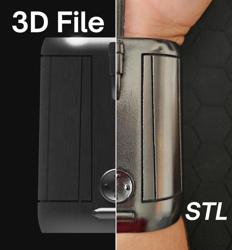 May include: A split image showcasing a metallic object, possibly a 3D-printed design. The left side is matte black, while the right side is a shiny, silver-toned metal. The text "3D File" and "STL" are displayed in white.