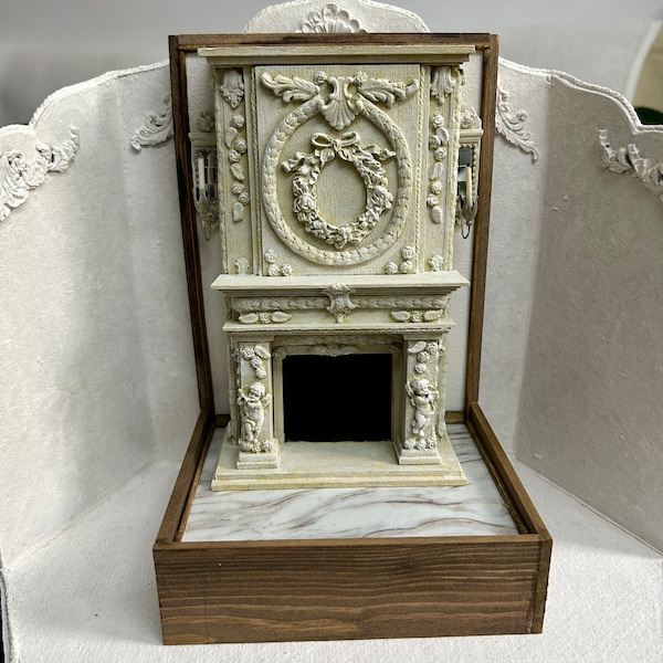 Miniature decorated fireplace with ashtray for dollhouse, diorama furniture placed on a stand, 1:12 scale