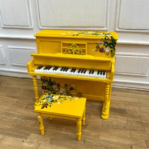 Handmade Miniature Piano with Floral Details, Yellow Dollhouse Accessory with Bench, Shabby Chic Vintage Diorama Furniture in 1:12 scale