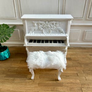 Handcrafted Miniature Piano & Chair Set, White Classic Piano with Bench, 1:12 Scale Dollhouse Furniture, Handmade Diorama Mini Decoration