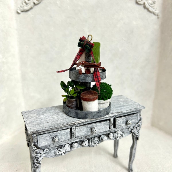 Dollhouse Miniatures - Handmade Multi-Tiered Tray with Tiny Houses, Airplane, Plants, and Lidded Box for Diorama and Room box, 1:12 scale