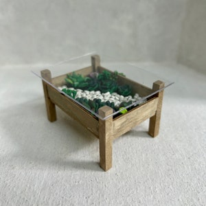 Handmade Miniature Table with Acetate Top – 1:12 Scale Dollhouse Furniture, Modern Room Box Decoration with Succulents & Pebble Tray