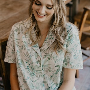 Luxury Organic Cotton Womens Pyjamas UK / Bridesmaids PJs / Bridal / Bride PJ Set / Short Pyjama Set Botanical Floral Sage Ink Rose