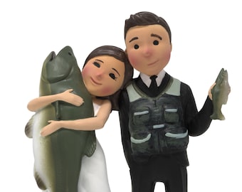 Unique and Funny Fishing Wedding Cake Toppers Bride and Groom (Variations Available Including Paint Your Own Hair Color))