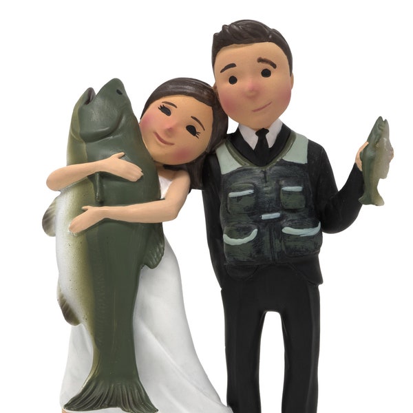 Unique and Funny Fishing Wedding Cake Toppers Bride and Groom (Variations Available Including Paint Your Own Hair Color))