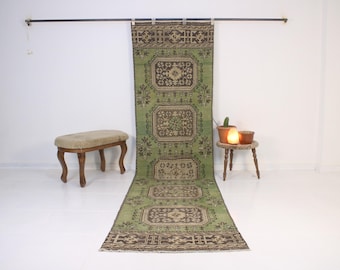 3x12 Handmade Green Runner, Turkish Vintage Rug, Kitchen, Wool, Bedroom, Stair, 2.9x11.6 ft