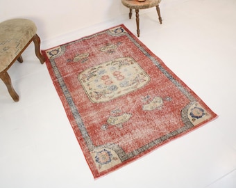 4x6 Red Area Rug,Handmade,Vintage,Neutral Wool,Turkish Area Rug,Home Decor,Bohemian Decor,Oriental,Oushak,Traditional,3.6 x 5.6 Ft Area Rug