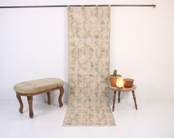 Tapete corredor bege e azul, feito à mão, vintage, lã neutra, estilo turco, 2,4 x 8,2 pés (73 x 250 cm).