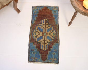 1x3 Blue Brown Door Mat,Handmade,Vintage,Neutral Wool Rug,Small Turkish Rug, 1.4x2.9 Ft