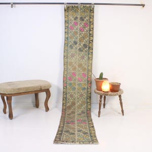 Tapete passadeira 2x9 bege e rosa patchwork, feito à mão, estilo turco vintage, para escadas, tapete marroquino.