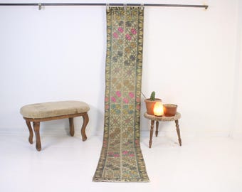 2x9 Beige Pink Patchwork Runner, Handmade, Vintage Turkish Runner, Stair, Moroccan Rug