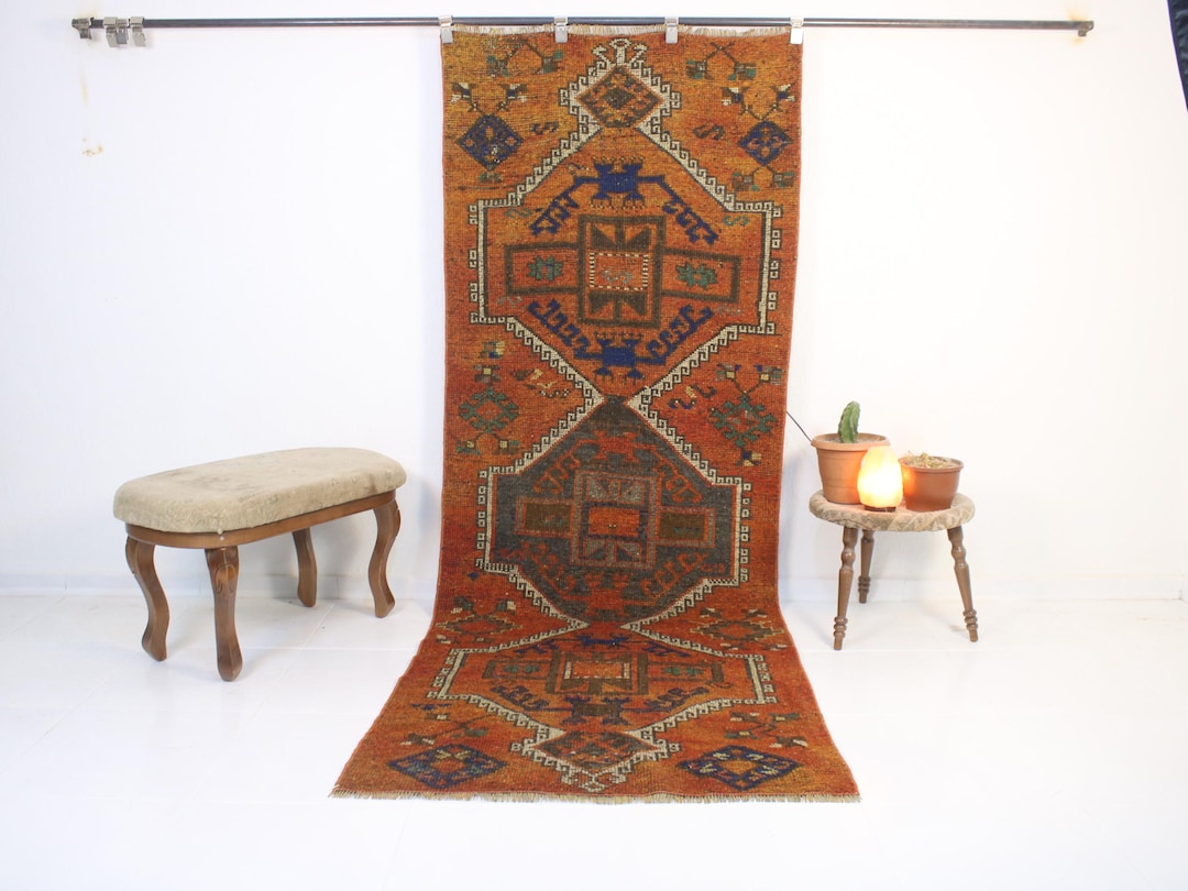 3x9 Handmade Red Orange Runner, Turkish Vintage Rug, Kitchen, Wool ...