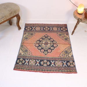 Tapis patchwork orange et bleu 91 x 122 cm, fait main, style vintage, en laine neutre, tapis d'appoint turc, décoration intérieure, style bohème, oriental, Oushak, 91 x 116 cm