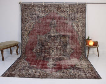 Tappeto rosso grande 7x10, tappeto turco fatto a mano, lana, vintage, cucina, camera da letto, ingresso