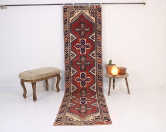 2x10 Red Stair Rug,Handmade,Vintage,Neutral Wool,Turkish Runner Rug,2.5x10.0 Ft