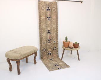 Tapete turco 2x8, feito à mão, vintage, lã neutra, tapete turco, decoração para casa, decoração boho, oriental, oushak, tradicional, tapete de 1,9 x 7,8 pés
