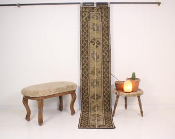 Tapete Passadeira Marrom 2x8, Tapete Passadeira de Lã Feito à Mão, Tapete de Lã Neutro, Tapete Passadeira Turco, Decoração para Casa, Decoração Boho, Oriental, Oushak, 1,5x7,7 pés