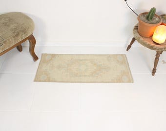 1x3 Muted Door Mat,Blue Brown Rug,Handmade,Vintage,Neutral Wool,Turkish Door Mat,Home Decor,Bohemian,Oriental,Oushak,Traditional,1.3x3.2 Ft
