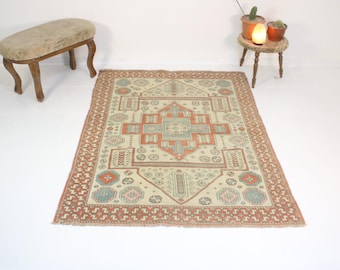 4x6 Red Area Rug,Beige Area Rug,Handmade,Vintage,Neutral Wool,Turkish Area Rug,Home Decor,Bohemian Rug,Oriental,Oushak,4.5x5.9 Ft Area Rug