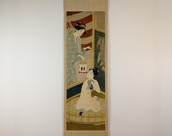 Antique Japanese Silk Hanging Scroll — Ukiyo-e Bathing Scene in the Style of Katsukawa Shunchō, #931, long