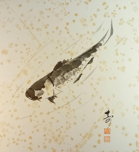 Shikishi Sumi-e – “Carp in the Rain” – Japanese Painting, Showa 1950s–1960s