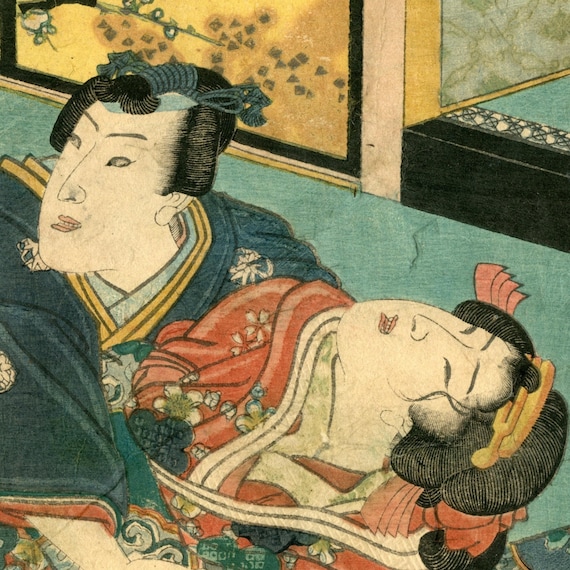 Antique Japanese woodblock print, Utagawa Kunisada, Genuine, Edo, Shunga, Woodcut, Full size