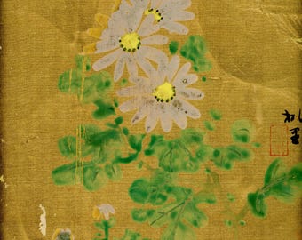 Nejitama‑sai Japanese silk painting on gold board – Chrysanthemums – Taishō–Shōwa vintage kachō‑ga