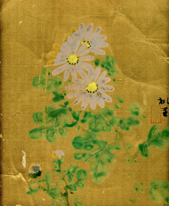 Antique (Vintage) Japanese Sumi-e, Original Painting 1920s-1950s Shōwa period, Ink Drawing on Silk, Shikishi,  Minimalism #832 Wall Hanging