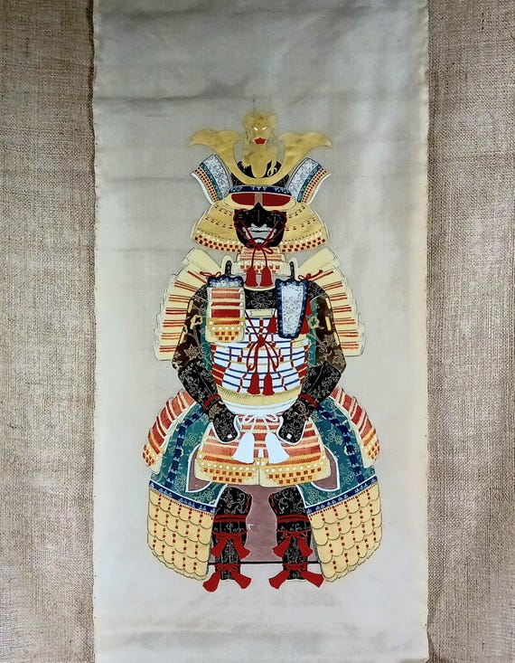 Antique (Vintage, prewar) Japanese Scroll, Samurai Armor, Ink and Gold Painting on silk, Sumi-e, Kakejiku, Kakemono, Japan Wall Hanging #454