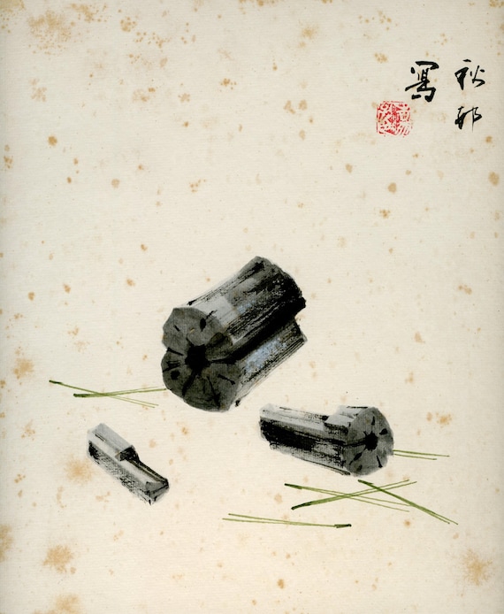 Vintage Japanese Sumi-e, Original Painting 1950s-1960s-1970s (Shōwa period), Ink Drawing on Shikishi, Asian Art, Minimalism #2062