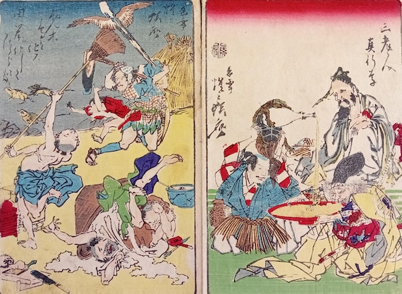 Kawanabe Kyosai Antique woodblock print Kyosai Hyakuzu – two-scene sheet