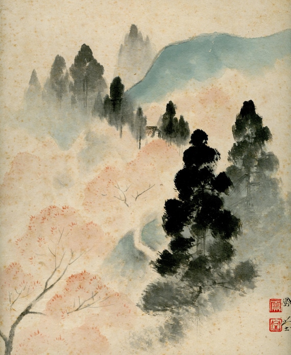 Antique (Vintage) Japanese Sumi-e, Original Painting 1920s-1950s Shōwa period, Ink Drawing on Shikishi,  Minimalism #832 Wall Hanging