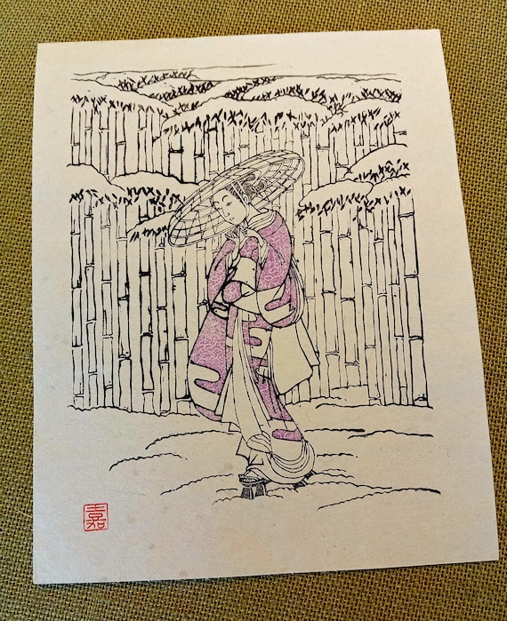 Vintage Japanese woodblock print, Authentic, mid-20th century, Ukiyo-e, Bijin-ga, Woodcut, Suzuki Harunobu 鈴木 春信