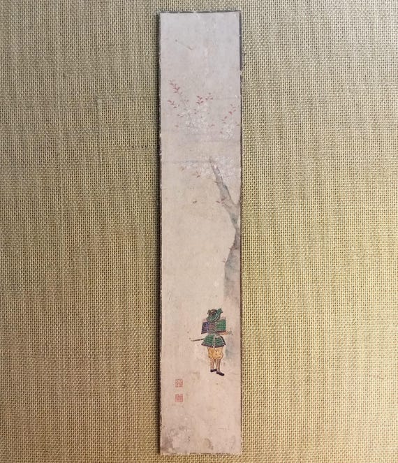 Antique Taishō early Shōwa Japanese ink and color tanzaku – samurai figure