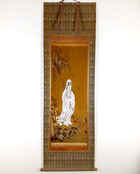 Antique Japanese Scroll, Kannon, Early 20th Century, Ink on Silk, Buddhism, Kakejiku, Kakemono, Japan Wall Hanging, Zen, Meditation art