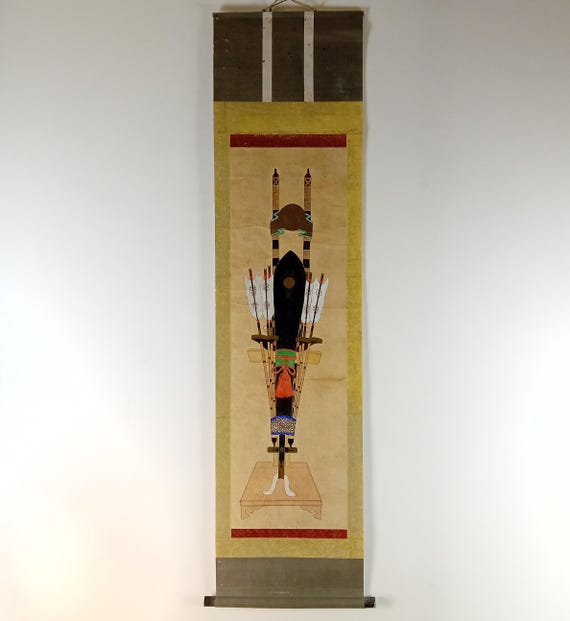 Antique Japanese scroll “Samurai Armor Display (Yoroi Kazari)”, ink and color on paper kakemono (kakejiku), Meiji–early Shōwa period #1811