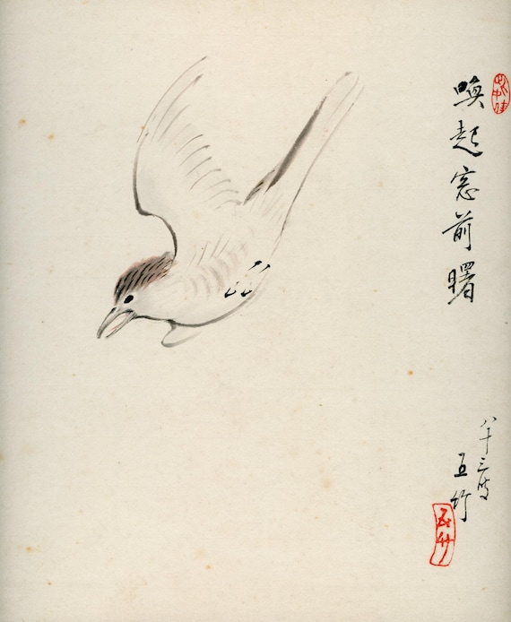 Antique (Vintage) Japanese Sumi-e, Original Painting 1920s-1950s Shōwa period, Ink Drawing on Shikishi,  Minimalism #832 Wall Hanging