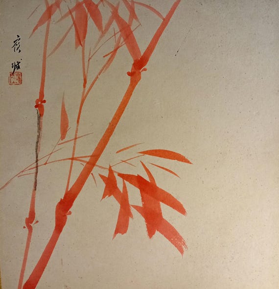 Vintage early–mid Shōwa Japanese ink painting on shikishi – red bamboo
