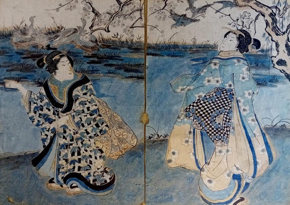Antique late Edo early Meiji Japanese woodblock print diptych – bijinga