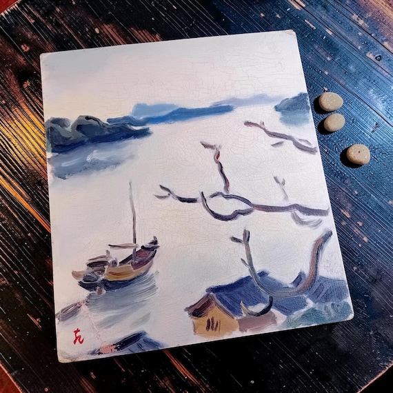 Kizaburo Ienaga - “Seto in Spring” - 1941 Japanese oil painting on shikishi, early Showa