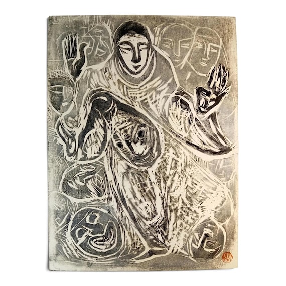 Vintage Japanese woodblock print – expressive figure composition