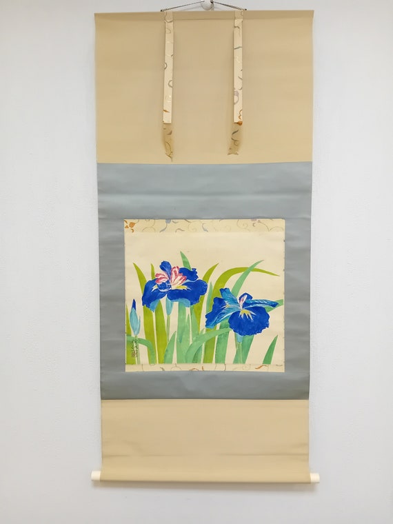 Vintage Japanese Scroll , Ink Painting, Kakejiku, Kakemono, Japan Wall Hanging, Japan Flowers, Iris, Ohara Koson Style, #314