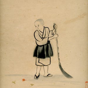 Vintage Japanese Shikishi – Young Monk Sweeping Leaves – Mid‑Shōwa Zen Painting