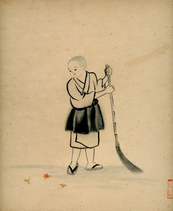 Antique (Vintage) Japanese Sumi-e, Original Painting 1920s-1950s Shōwa period, Ink Drawing on Shikishi,  Minimalism #832 Wall Hanging