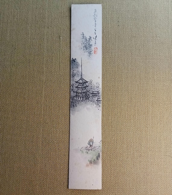 Vintage early Shōwa Japanese painting tanzaku – temple landscape