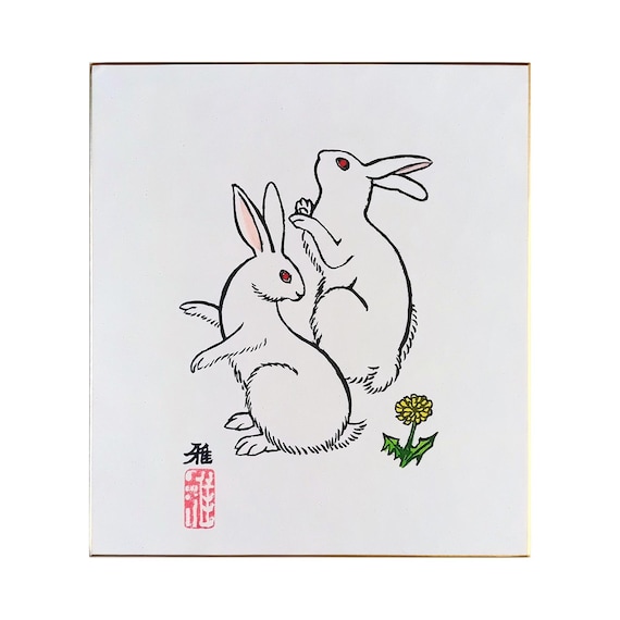 Koyatsu Masami - Two Rabbits - Vintage Japanese Painting on Shikishi