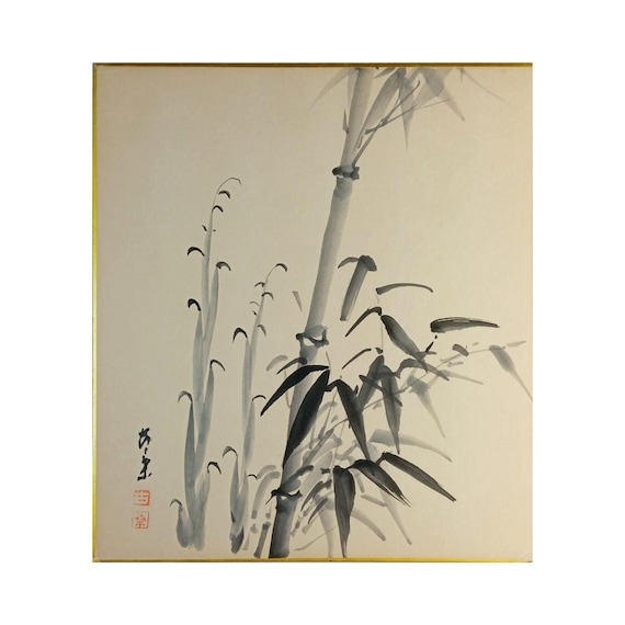 Vintage Japanese Ink Painting on Shikishi – Bamboo – Signed and Sealed – Postwar Shōwa Period